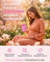 Mujer embarazada sosteniendo el producto FLO Ovarian Support para bienestar íntimo femenino en un entorno natural.
