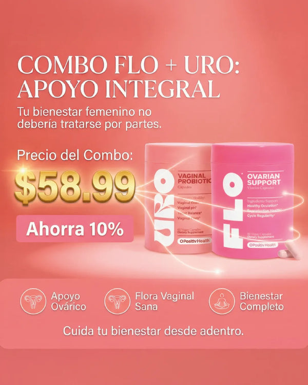 Combo Bienestar Íntimo Integral URO + FLO para el bienestar íntimo femenino, con apoyo ovárico y flora vaginal sana.