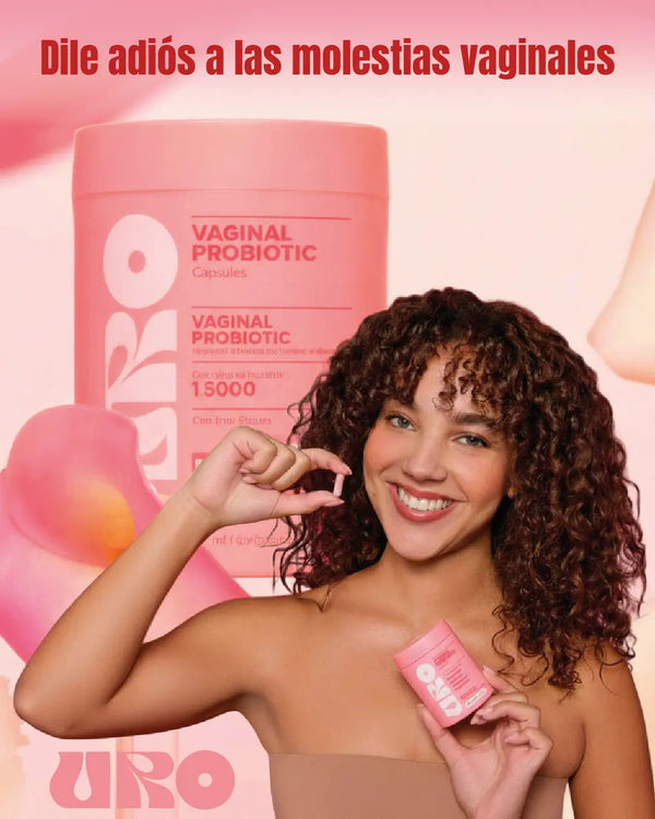 Mujer mostrando Probióticos intimos para Mujeres de URO, ideal para el bienestar vaginal.