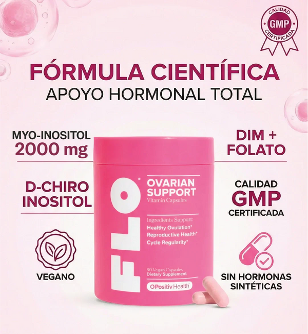 Combo Bienestar Íntimo Integral de FLO Ovarian Support para el bienestar íntimo femenino, con ingredientes para apoyo hormonal.