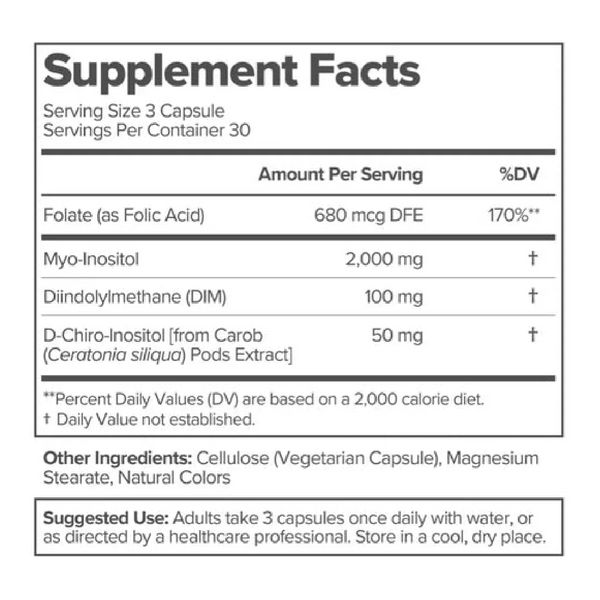 Etiqueta con información nutricional de suplemento, incluye ingredientes y valores por porción para bienestar íntimo femenino.
