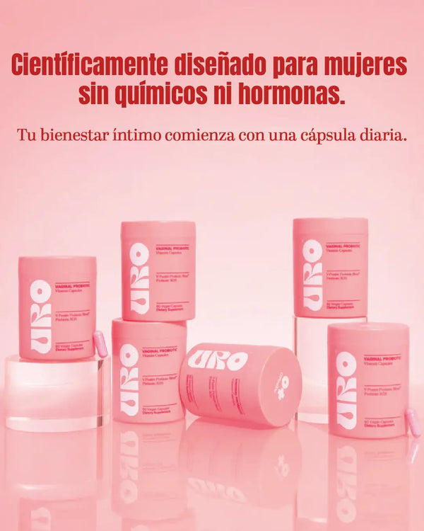 Uro probióticos intimos para mujeres, científicamente diseñados sin químicos ni hormonas, para el bienestar íntimo diario.