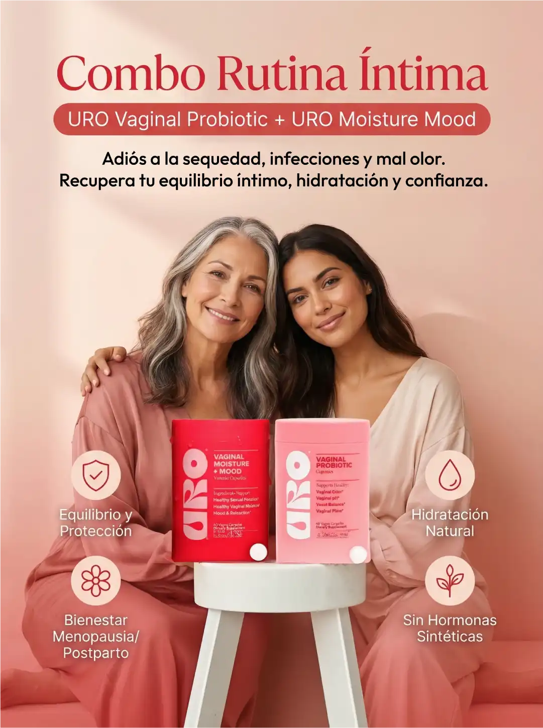 Combo Rutina intima: Probioticos URO y URO Moisture Mood para salud íntima femenina.